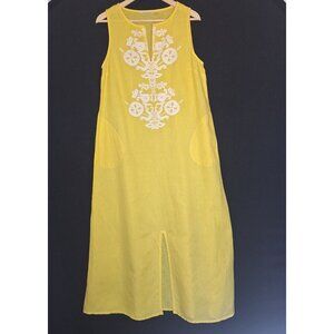 💙 Soft Surroundings Embroidered Linen Cotton Size M Maxi Dress Pockets Preppy C